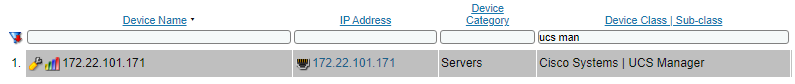 Image of a device in a classic Device Manager page with the following attributes: 172.22.101.171 name and IP address, Servers category, Cisco class, and UCS Manager sub-class.