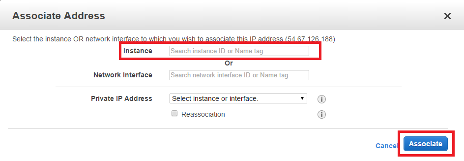 The Associate Address modal page with the Instance field highlighted