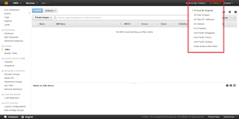 The EC2 Dashboard page with the region pull-down menu