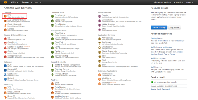 The AWS Management Console page