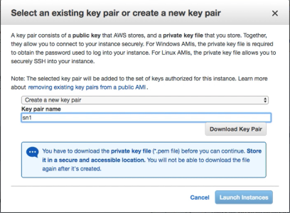 The Select an exisiting key pair or create a new key pair dialog