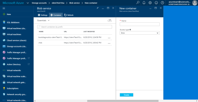 The Blob service page of the Azure portal