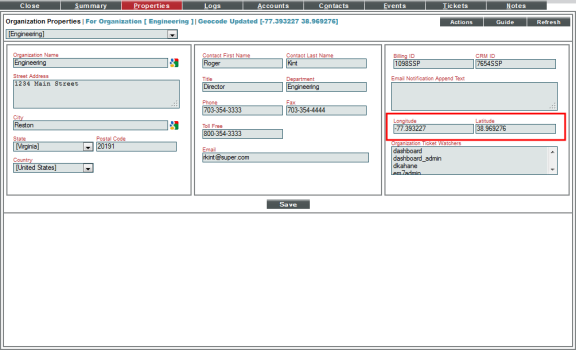 The Longitude and Latitude fields of the Organization Properties modal page