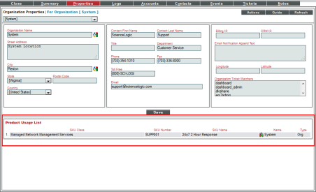 The Product Usage List pane in the Organization Properties page