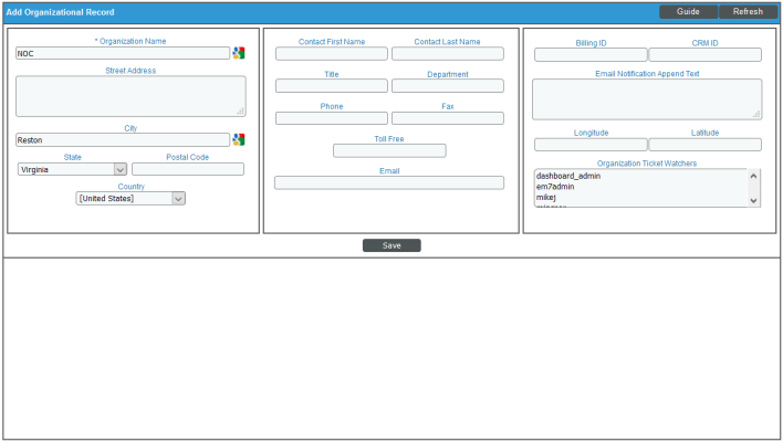 Image of the Add Organizational Record page