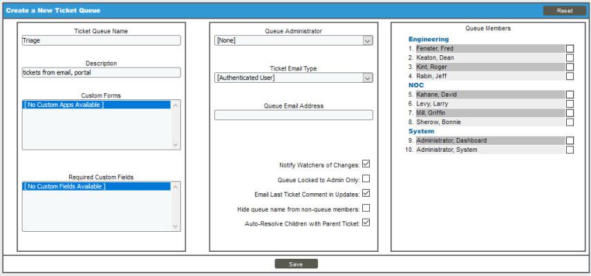 Image of the Ticket Queue Properties page