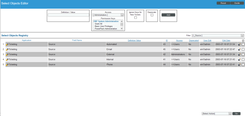 Image of the filtered Select Objects Registry page