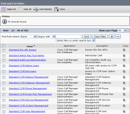Image of the Find and List Roles window with a list of roles