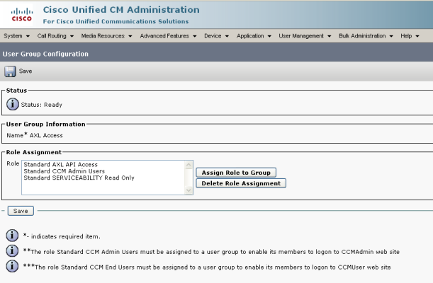 Image of the User Group Configuration page, with the Standard AXL API Access role