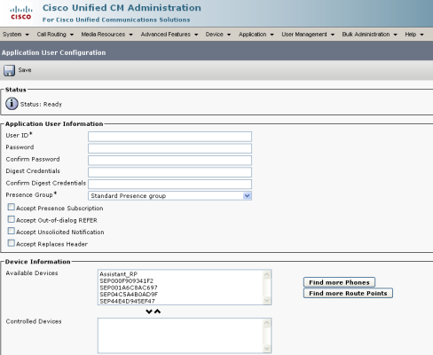 Image of the Application User Configuration page