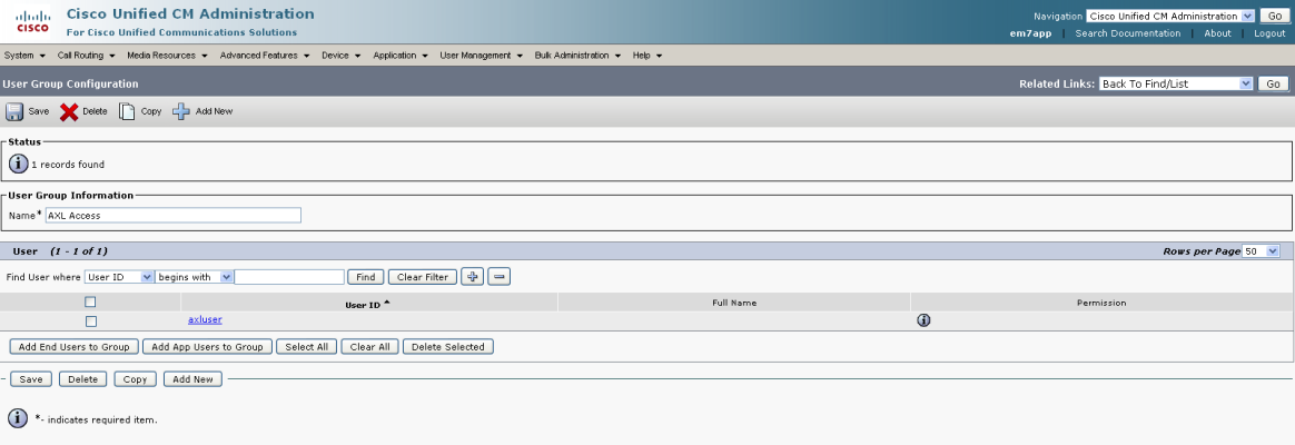 Image of the User Group Configuration page with a new user added