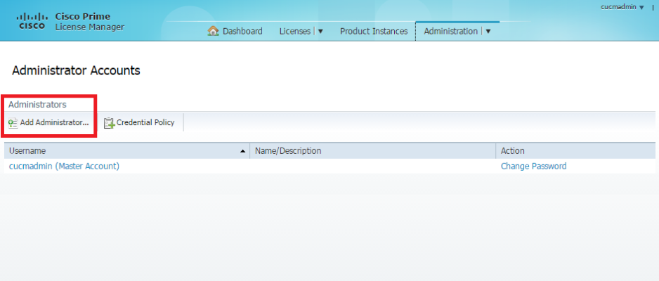 Image of the Cisco PLM Administrator Accounts page