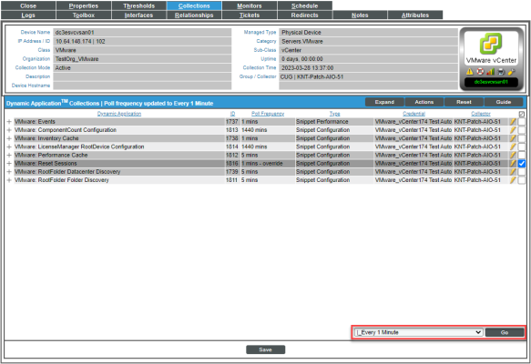Image of adjusting the Poll Frequency for VMware: Reset Session on the Collections tab of a device.