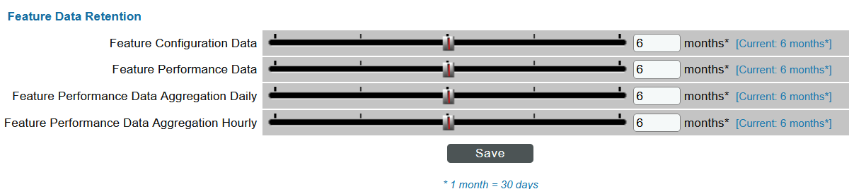 The Feature Data Retention section of the Data Retention Settings page