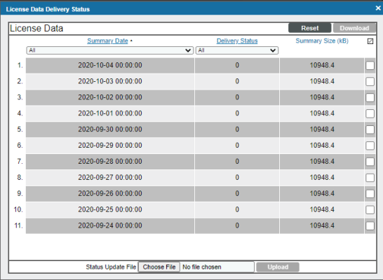 The License Data Delivery Status modal page