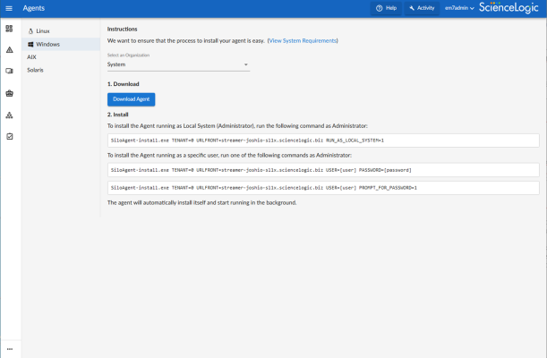 Image of the Install a Windows Agent page