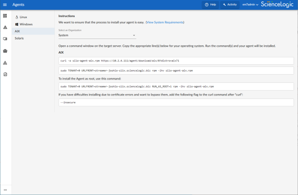 Image of the Install an AIX Agent page
