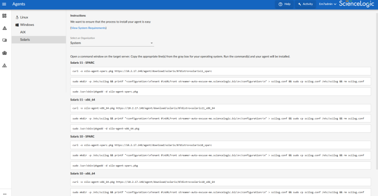 Image of the Install a Solaris Agent page