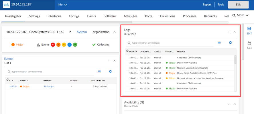 Image of the Logs panel in the Device Investigator