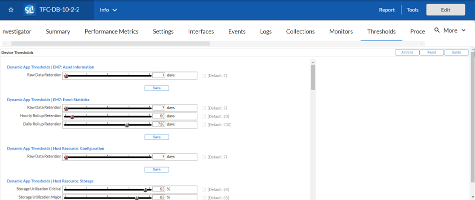 The Thresholds tab of the Device Investigator page