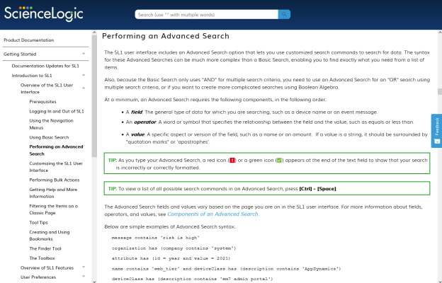 The Performing an Advanced Search page on the ScienceLogic Product Documentation website.