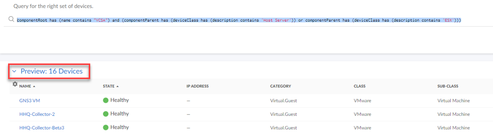 A query for the right set of devices and its preview of 16 devices