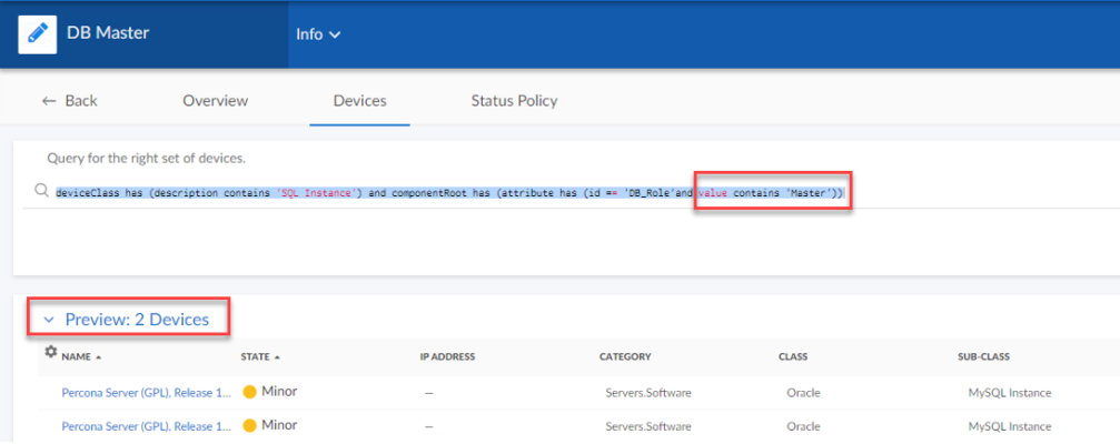 A query for the right set of devices with the text "value contains 'Master'" with a preview of 2 devices