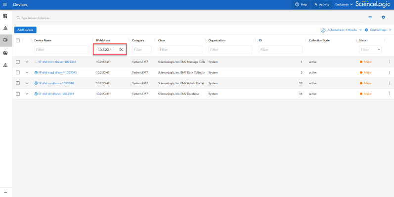 The Devices inventory page with the IP address filter filled in with "10.2.23.4"