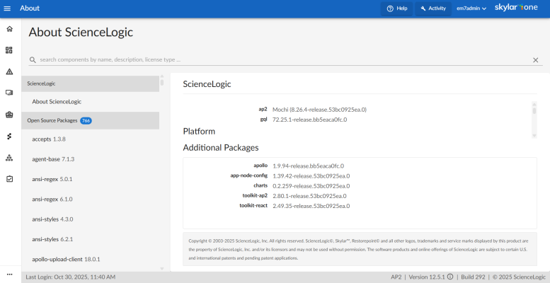 The About ScienceLogic page with the ap2 number listed as 6.34.0