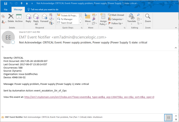 Image of sample Critical Event email