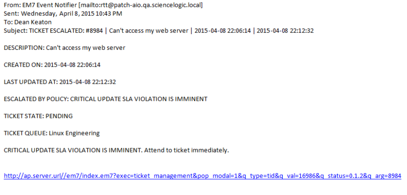 Image of the escalation email for a critical ticket that was not updated