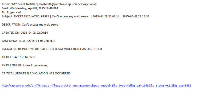 Image of the escalation email for a critical ticket that was not updated, sent to a director