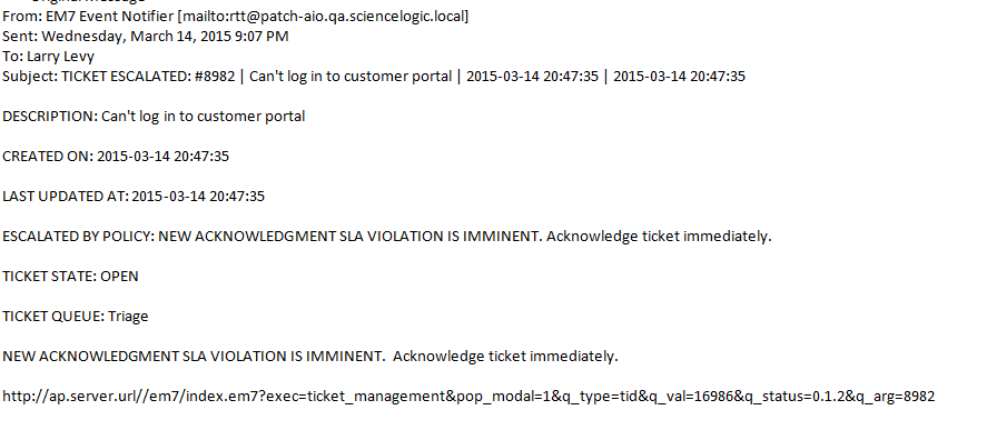 Image of the escalation email for an unacknowledged ticket