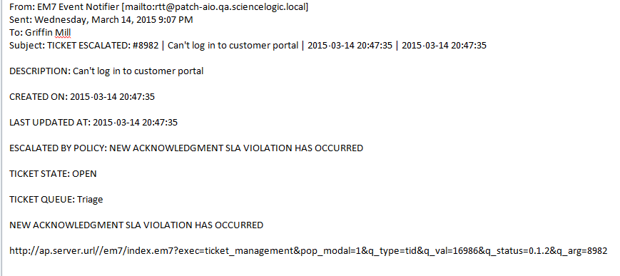 Image of the escalation email for an unacknowledged ticket sent to a director