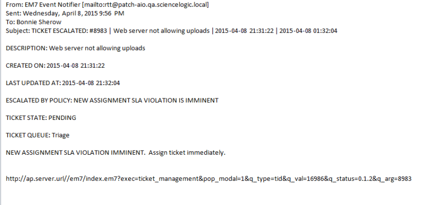 Image of the escalation email for an unassigned ticket