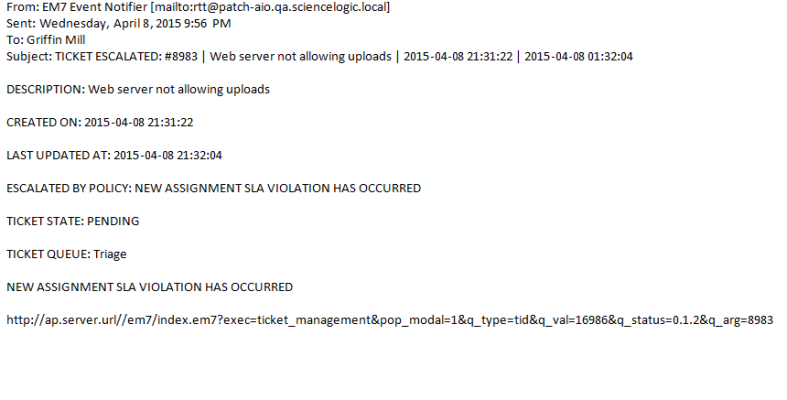 Image of the escalation email for an unassigned ticket sent to a director
