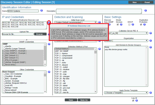 The IP Address Discovery List Tool Tip and its description in the Discovery Session Editor