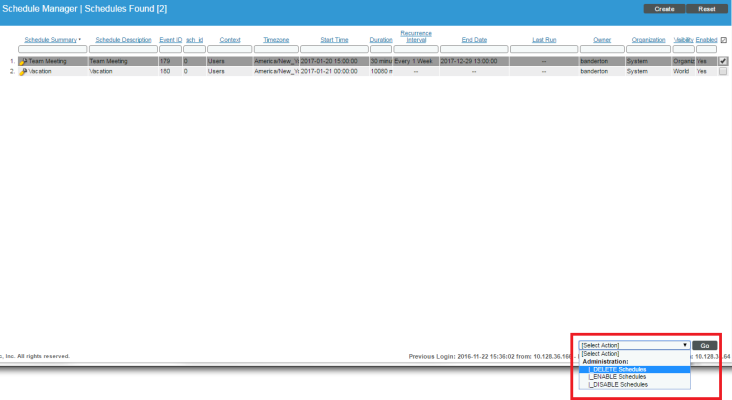 The Schedule Manager page with the Select Action menu selected and the Delete Schedule action highlighted.