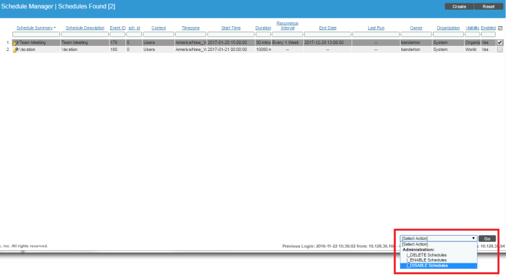 The Schedule Manager page with the Select Action menu selected and the Disable Schedule action highlighted