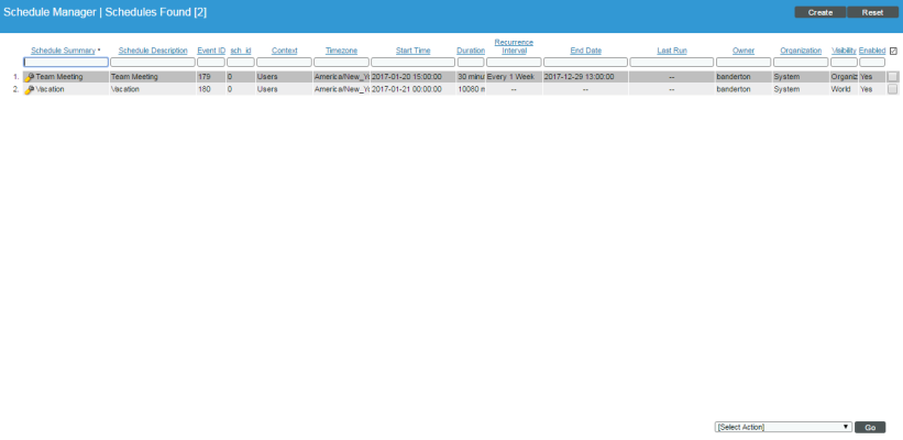 The Schedule Manager page with 2 schedules.
