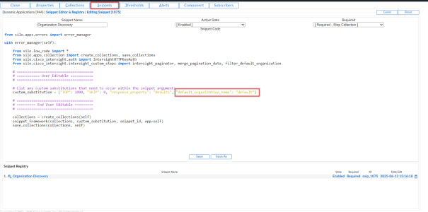 Setting the default filter in the Snippet editor.