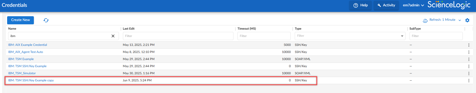 Create a SSH/Key credential for IBM: Tivoli Storage Manager