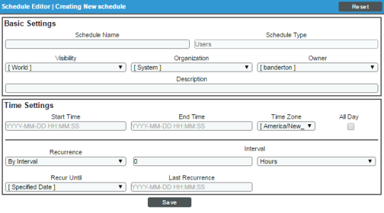 The Schedule Editor modal page with the Basic Settings and Time Settings panes.