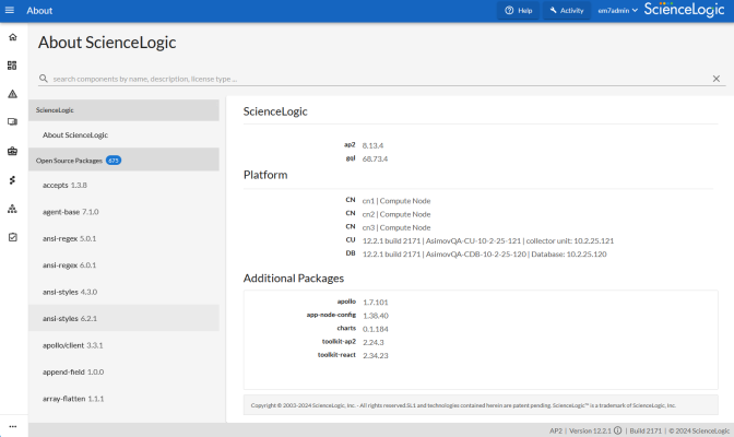 The About ScienceLogic page with the ap2 number listed as 6.34.0