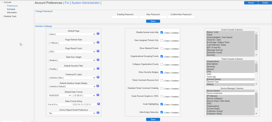 The Account Preferences page, which includes the Change Password and Interface Settings panes.