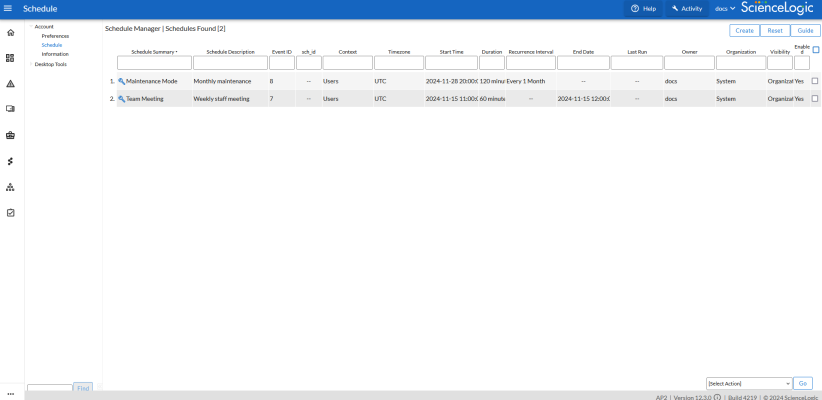 The Schedule Manager page with 2 schedules.