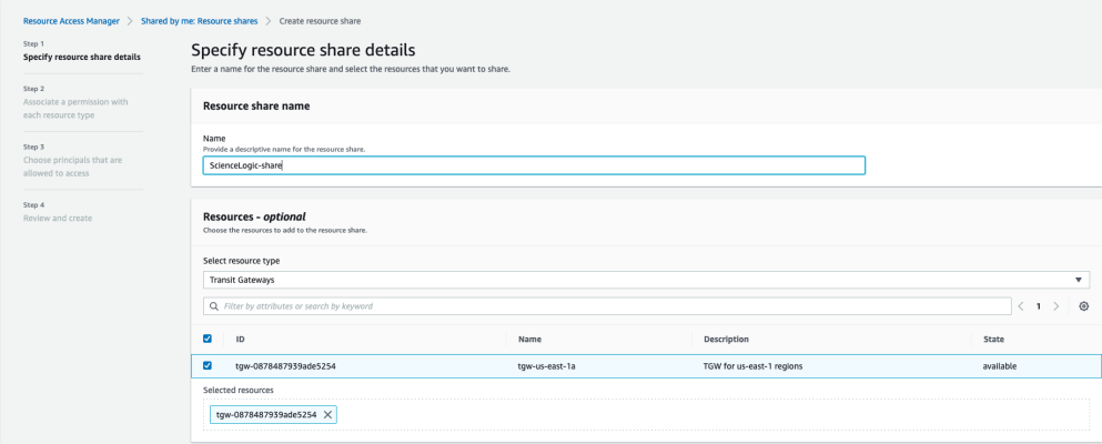 Image of the Specify resource share details page