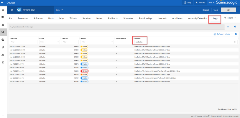 Image of the Logs tab of the Device Investigator, showing predictive alerts.