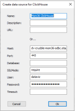 Image of the ODBC Create data source for ClickHouse dialog.