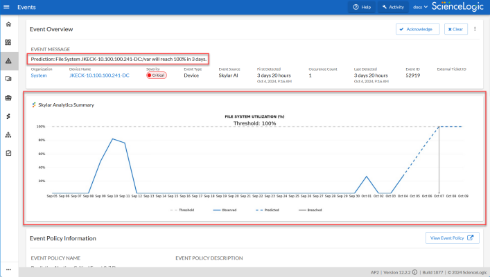 Image of an SL1 Event Investigator page with Skylar Analytics.